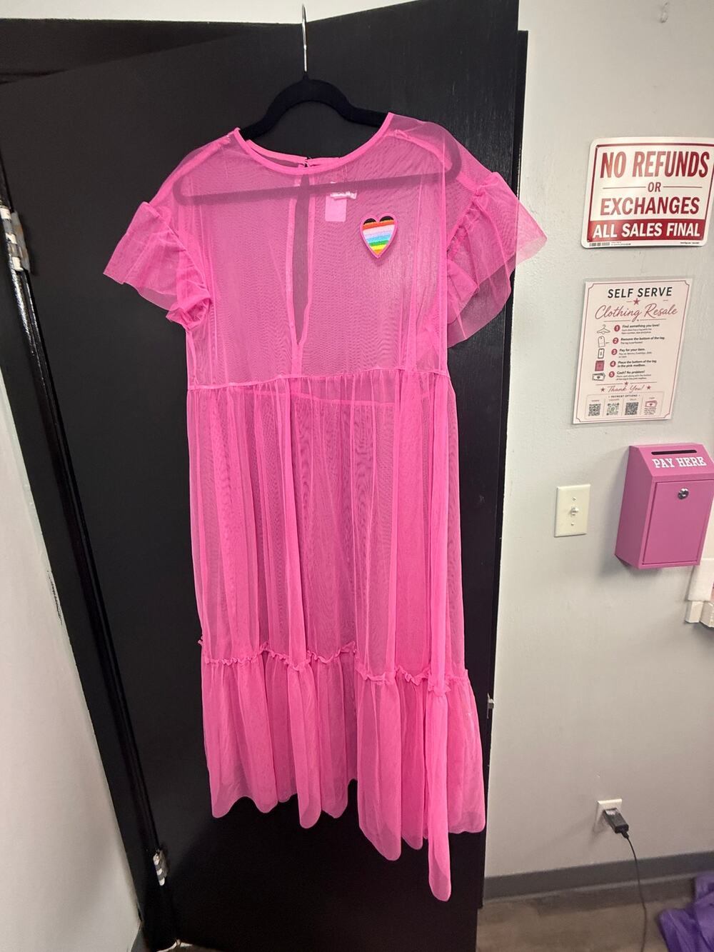 PRIDE Hot Pink Sheer Mesh Midi Dress Rainbow Heart Ruffle Sleeve Size M